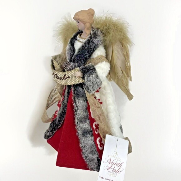 North Pole Trading Co Angel Tree Topper Noel Feather Wings Red Fur trim 13" Tall - Picture 4 of 8